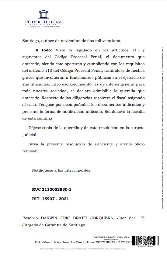 Admisión de querella contra Karla Rubilar